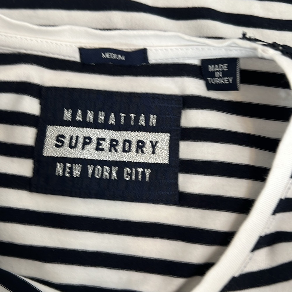 SuperDry Jersey Cotton Navy Stripe Dress Lace Sleeve Accent Sz 8 US - Picture 3 of 14